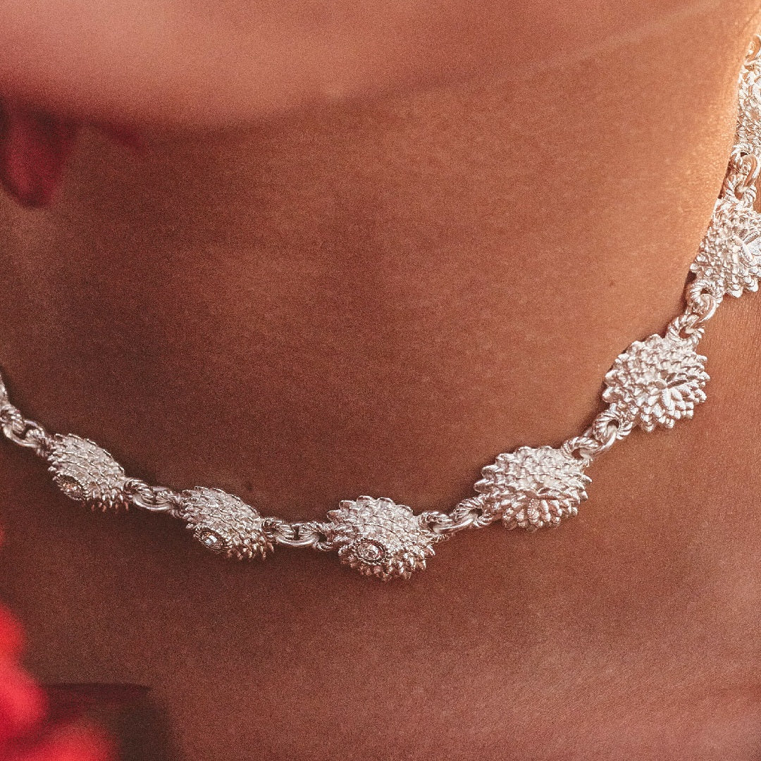 Choker Crisantemo Plata + Aretes