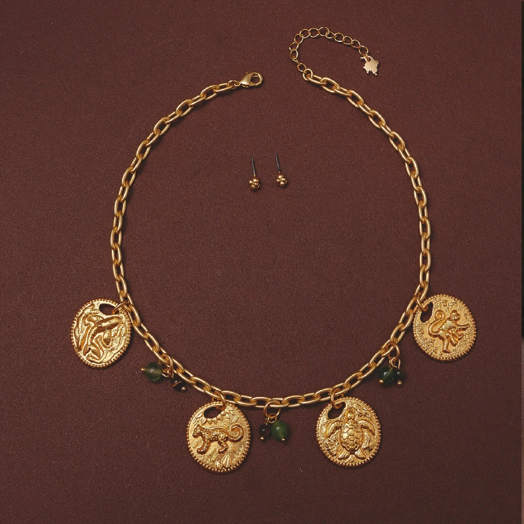 Maxi Collar + Aretes Monedas Selva Verde