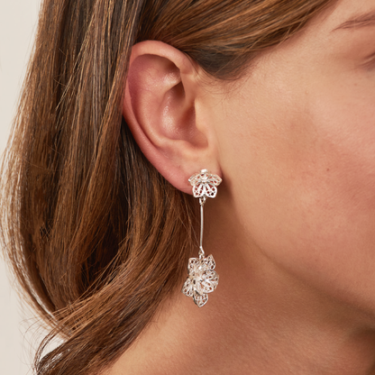 Aretes Roseta Flor Ramal Doble Plata