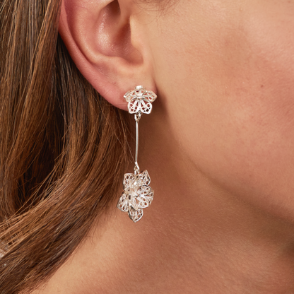 Aretes Roseta Flor Ramal Doble Plata