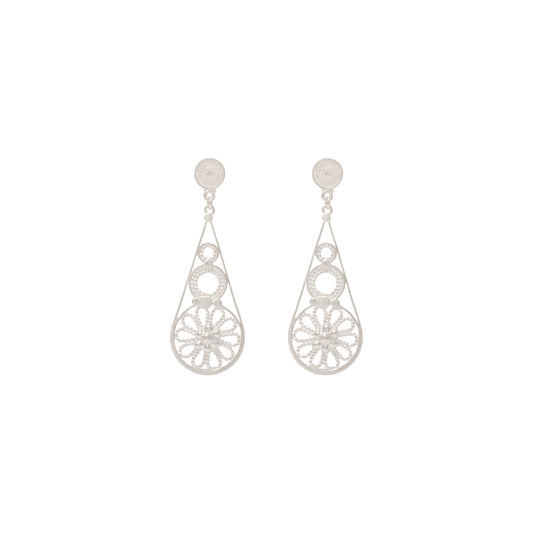 Aretes Gota Colgante Flor de 10 Pétalos Plata