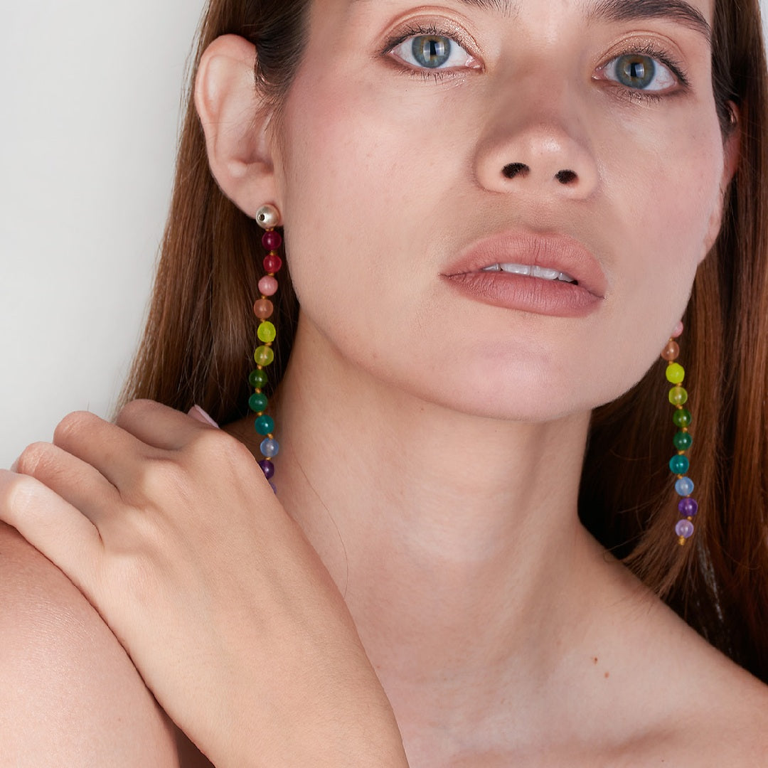 Aretes Largos Semilla y Piedras Semipreciosas
